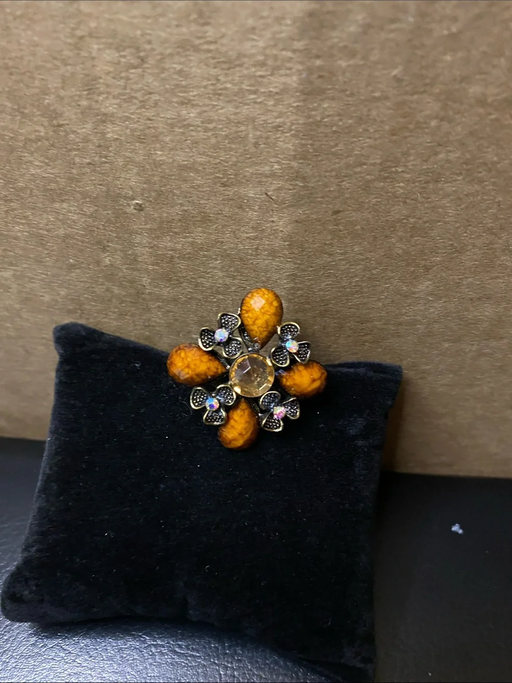 Vintage Orange Floral Crystal Adjustable Statement Ring